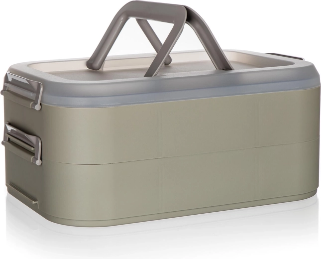 Dwupoziomowy przenośny party box z pokrywką LATTE, 40 × 28 × 17,8 cm