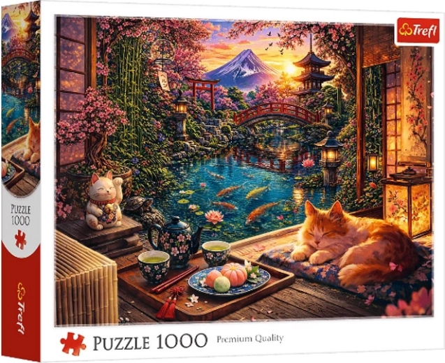 Puzzle 1000 elementów Kot w ogrodzie sakury