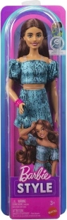 Mattel Barbie Fashionistas – kolekcjonerska lalka z ciemnymi włosami w dwuczęściowym turkusowym outficie