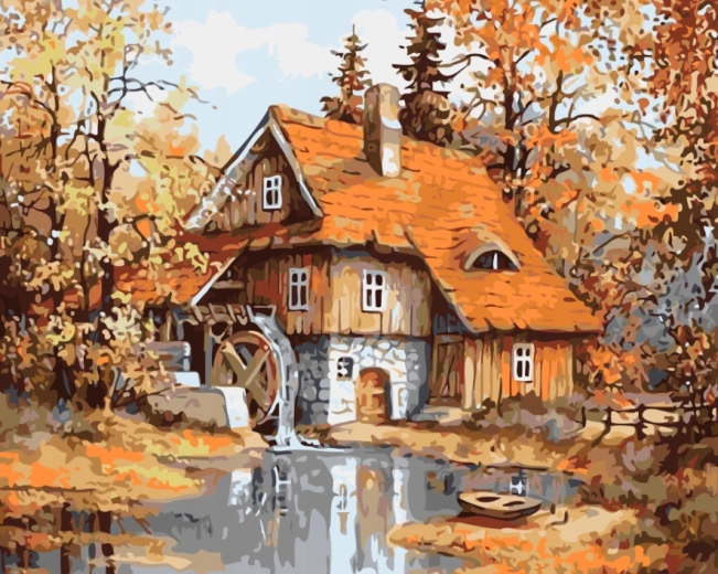 NORIMPEX Malowanie po numerach Młyn w lesie nad stawem 40 × 50 cm