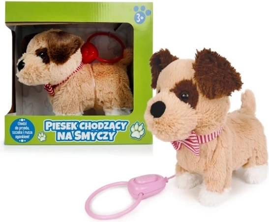 Interaktywny chodzący pluszowy piesek na smyczy, brązowy z łatką