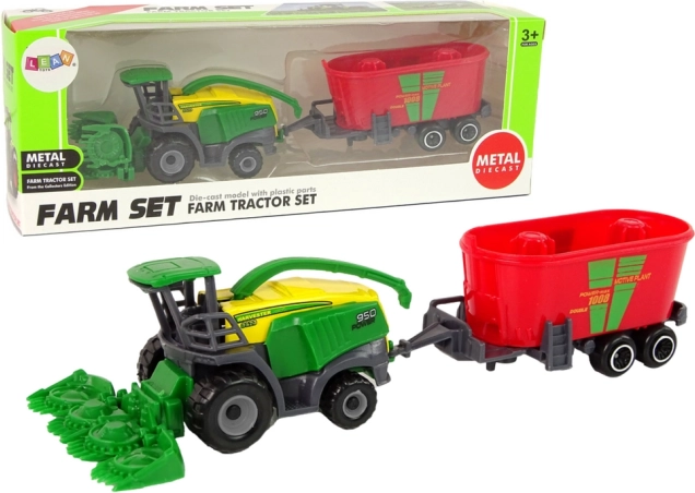 Kombajn z przyczepą – zielono‑czerwony rolniczy pojazd, plastikowa zabawka