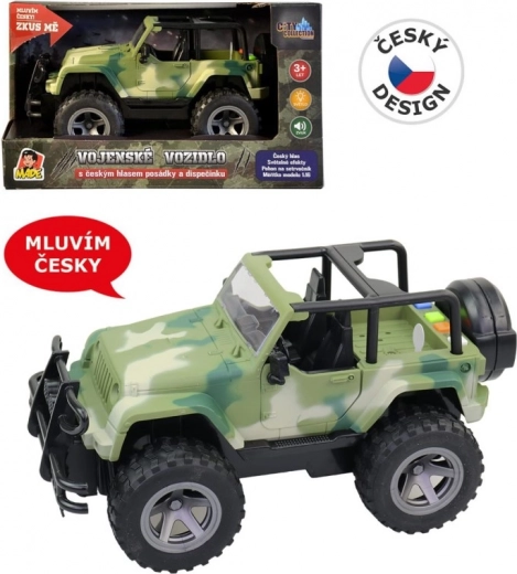 Wojskowy jeep na napęd sprężynowy ze światłami i czeskimi dźwiękami załogi 1:16