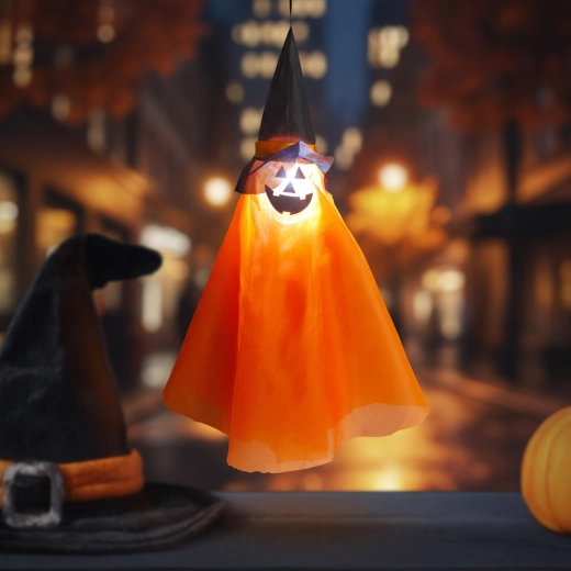 Wisząca świecąca dekoracja halloweenowa w kształcie dyni z czarowniczym kapeluszem