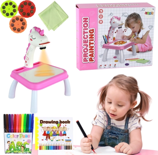 Projektor do rysowania jednorożec – różowy zestaw z pisakami i krążkami