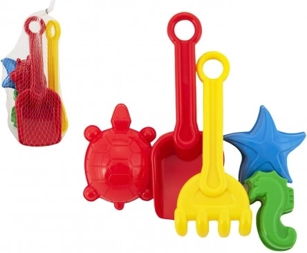 Plastowy zestaw do piasku z łopatką, grabkami i foremkami w siatce