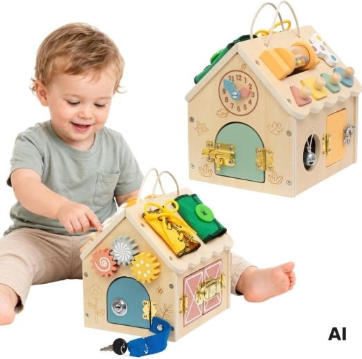 Drewniany domek manipulacyjny Tooky Toy z aktywnościami i zamkami