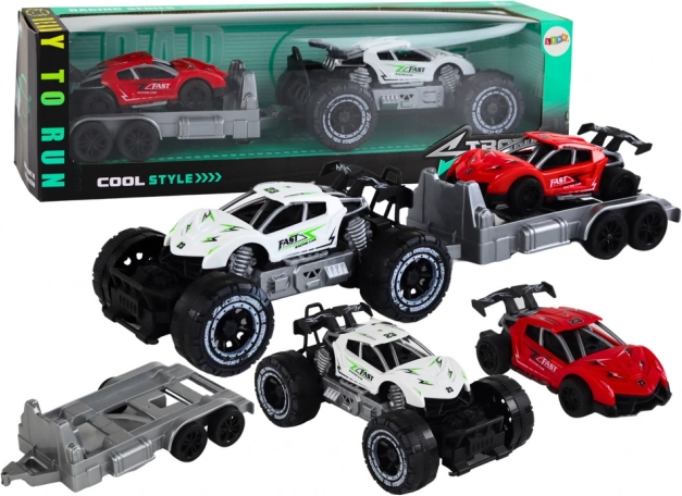 Auto terenowe z przyczepą i czerwonym autem sportowym zestaw