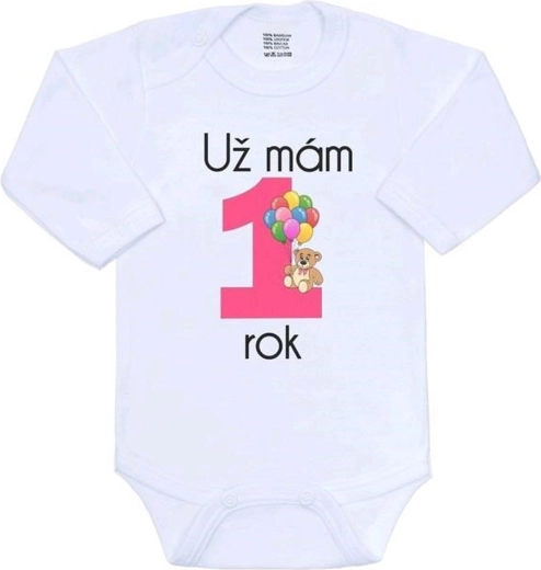 Body niemowlęce z nadrukiem New Baby Mam już 1 rok, różowe