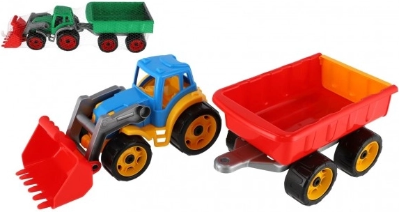 Kolorowy plastikowy traktor z ładowarką i przyczepą