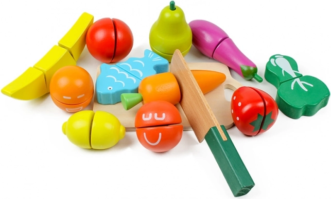 Drewniane owoce i warzywa do krojenia, 13 szt., ECOTOYS