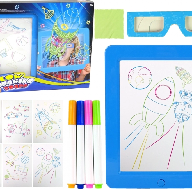 Magiczna LED tablica do rysowania 3D z okularami – niebieska