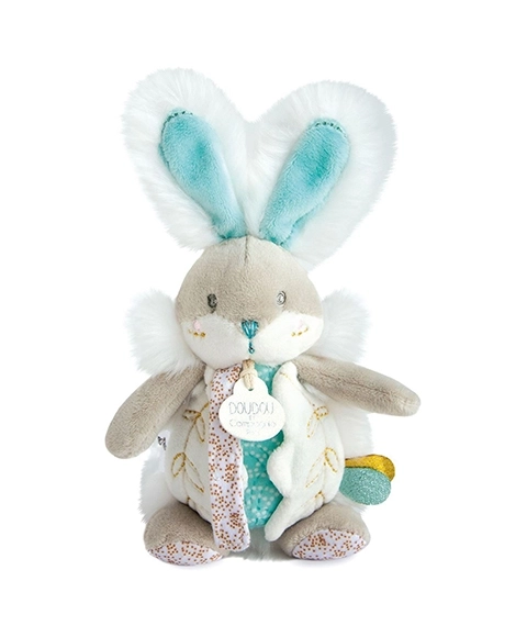 Doudou Zabawka króliczek z grzechotką i uchwytem na smoczek 21 cm – tyrkysová