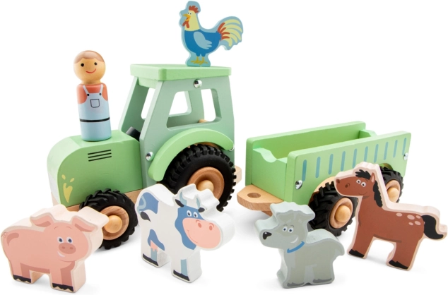 Drewniany traktor z przyczepą i zwierzątkami New Classic Toys
