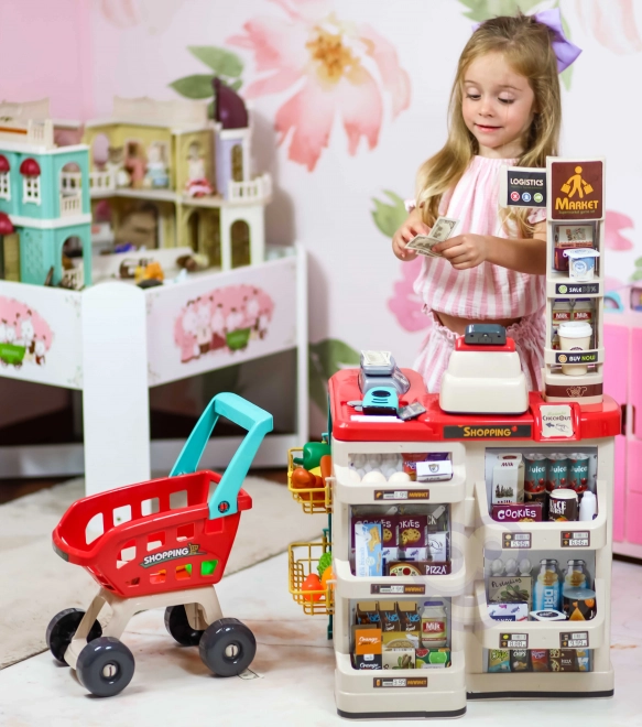 Supermarket z wózkiem zakupowym i skanerem
