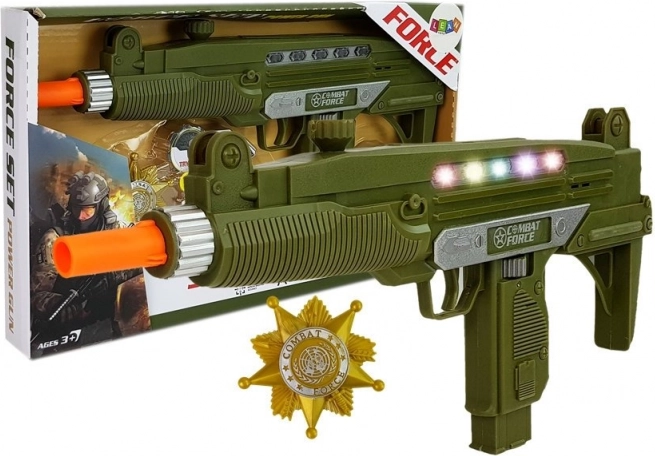 Wojskowy zestaw: dziecięcy pistolet ze światłem, dźwiękiem i odznaką 37 cm