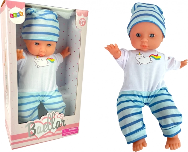 Laleczka niemowlę w niebiesko-białej, prążkowanej piżamce, 30 cm