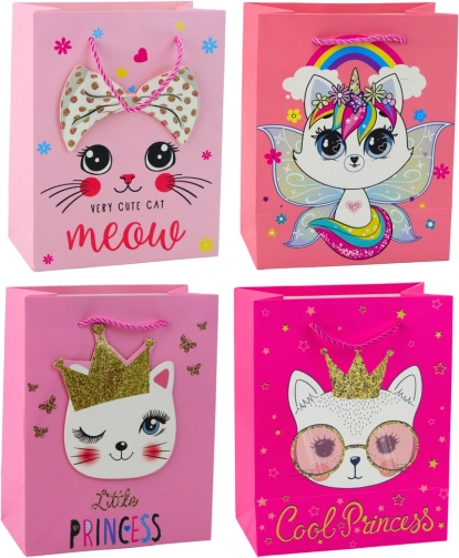 Różowa papierowa torebka prezentowa z kotkami i brokatem 23 x 18 x 10,5 cm