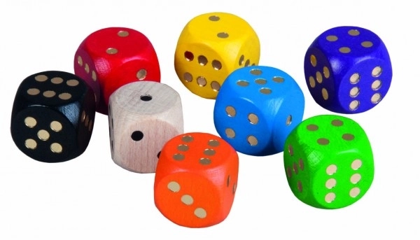Kostki do gry kolorowe drewno gra towarzyska 16mm 150 szt. w plastikowym pojemniku 10x14cm