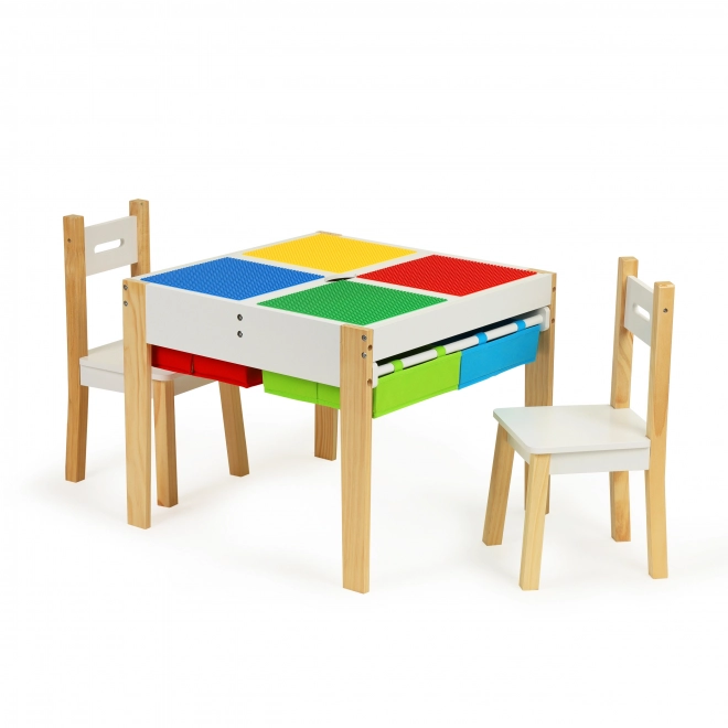 ECOTOYS Drewniany stół dziecięcy z płyta do gry i dwoma krzesłami