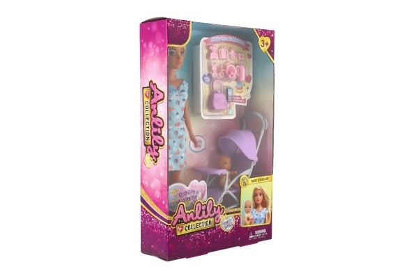 Lalka Anlily 30cm z dziewczynką i wózkiem + akcesoria plastikowe w pudełku 20x32x7cm