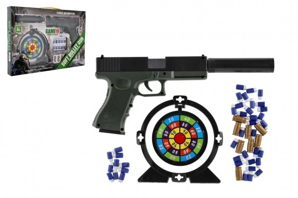Pistolet na piankowe naboje plastikowy 20cm z tłumikiem, tarczą, nabojami 18szt w pudełku 40x28x4,5cm