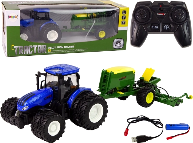 zabawny traktor RC z prasą belującą w skali 1:24, niebieski