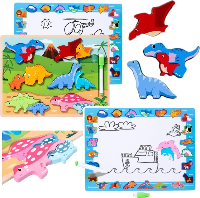 Drewniana edukacyjna układanka dinozaury z tablicą do rysowania