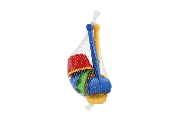 Zestaw do piasku plastik łopatka, grabki, 4 sztuki foremki w siateczce