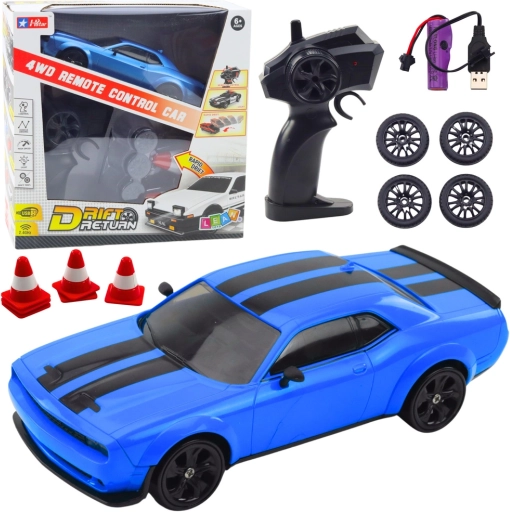 RC drift auto 4WD z wymiennymi kołami, niebieskie