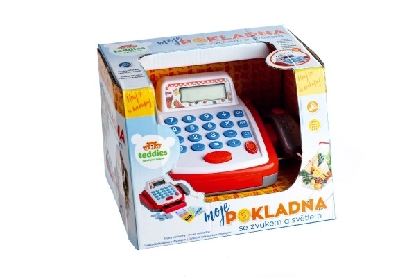 Mała kasa cyfrowa plastikowa 18cm z akcesoriami na baterie ze światłem i dźwiękiem w pudełku 22x15x18cm