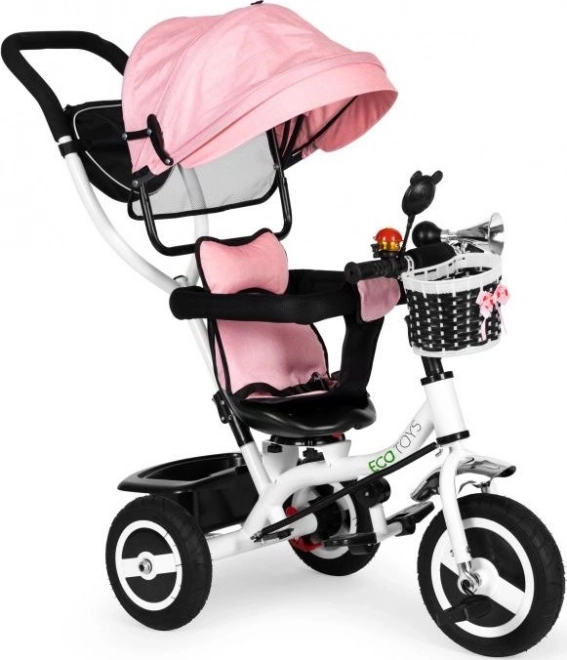 ECOTOYS Trójkołowy rowerek z daszkiem i rączką - różowy