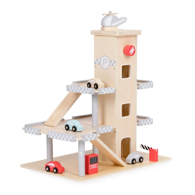 ECOTOYS Duży drewniany garaż z windą i autkami