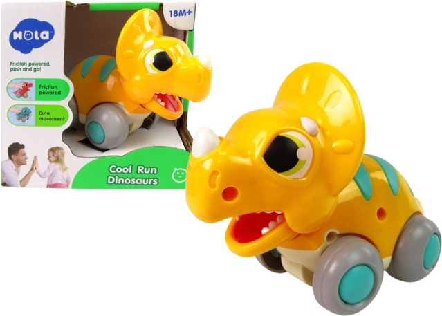 żółty dinozaur na kółkach triceratops – plastikowa zabawka dla dzieci