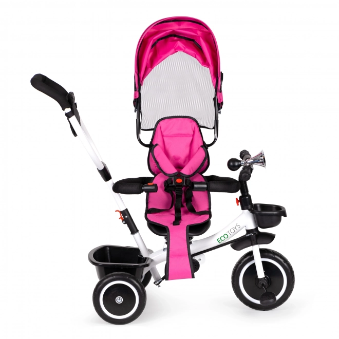 ECOTOYS Trójkołowy rowerek ze zadaszeniem i drążkiem do prowadzenia - różowy