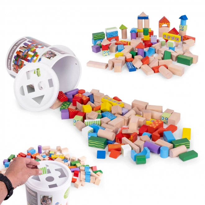 Drewniane Klocki Konstrukcyjne dla dzieci z pojemnikiem do sortowania ECOTOYS