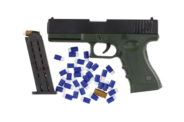 Pistolet na piankowe naboje plastikowy 20cm z tłumikiem, tarczą, nabojami 18szt w pudełku 40x28x4,5cm
