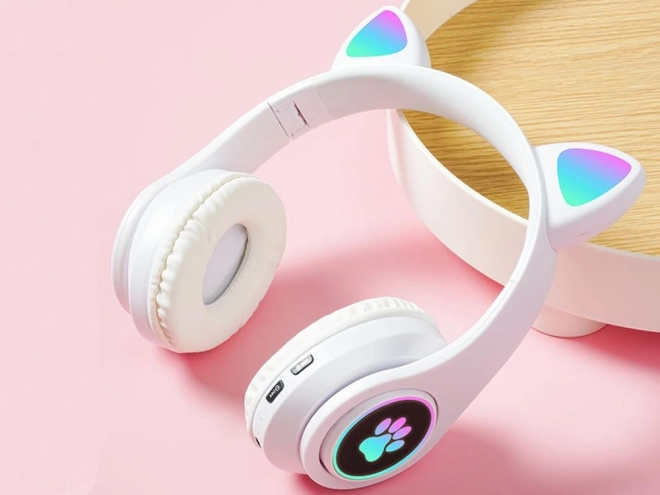 Bezprzewodowe słuchawki bluetooth radio fm mp3 kocie uszy led oświetlenie – Białe