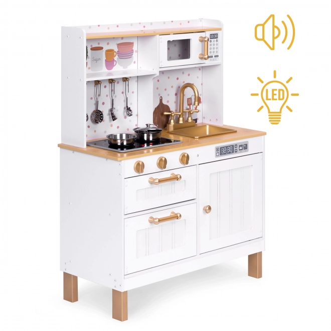 Drewniana kuchnia do zabawy dla dzieci z dźwiękami i diodami LED, duża, z otwieranymi szafkami i 7 akcesoriami, ECOTOYS