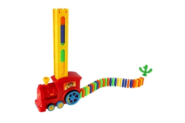 Lokomotywa/Pociąg domino układający plastikowy 16cm na baterie z dźwiękiem ze światłem w pudełku 33x23,5x8cm
