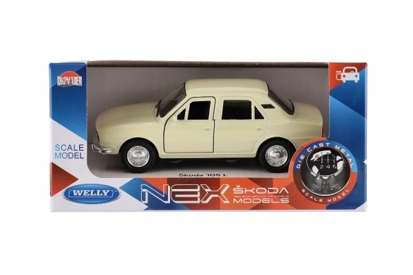 Samochód Welly Škoda 105L metal/plast 11cm 1:34-39 na wolny bieg 4 kolory w pudełku 15x7x7cm