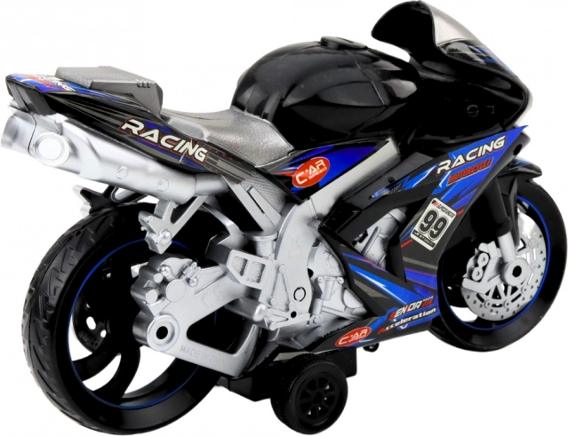 czarno-niebieski wyścigowy motocykl z efektami świetlnymi i dźwiękowymi