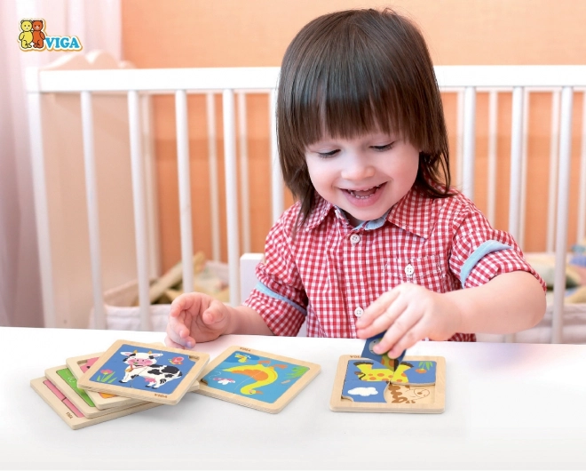 VIGA drewniane puzzle z 12 planszami w stojaku