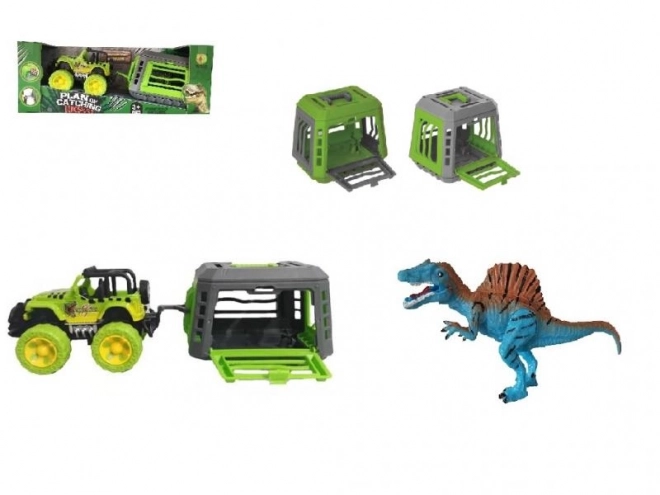 Jeep z przyczepą i dinozaurem