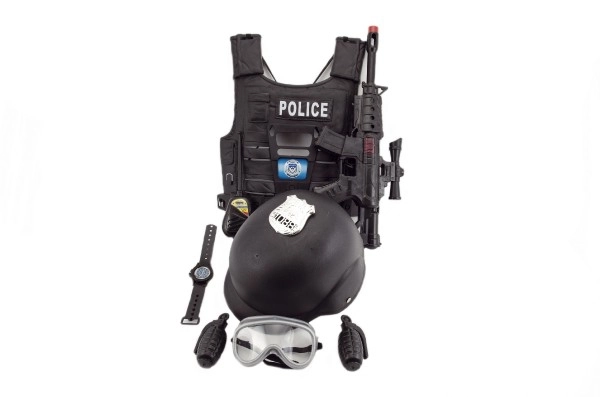 Zestaw policyjny pistolet i hełm z dodatkami plastik 38cm w siatce