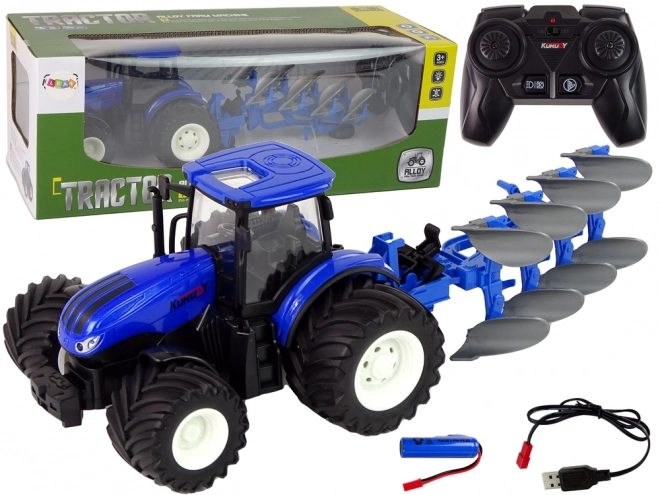 Zdalnie sterowany traktor 1:24 Niebieski pług metalowy