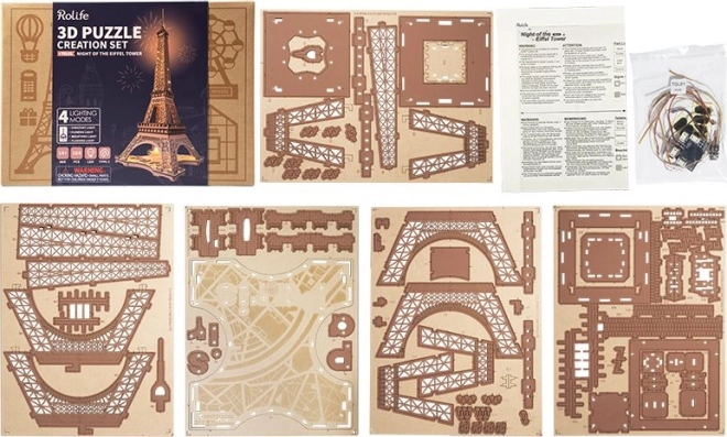 RoboTime 3D Drewniane puzzle Rolife Noc Wieży Eiffla świecące