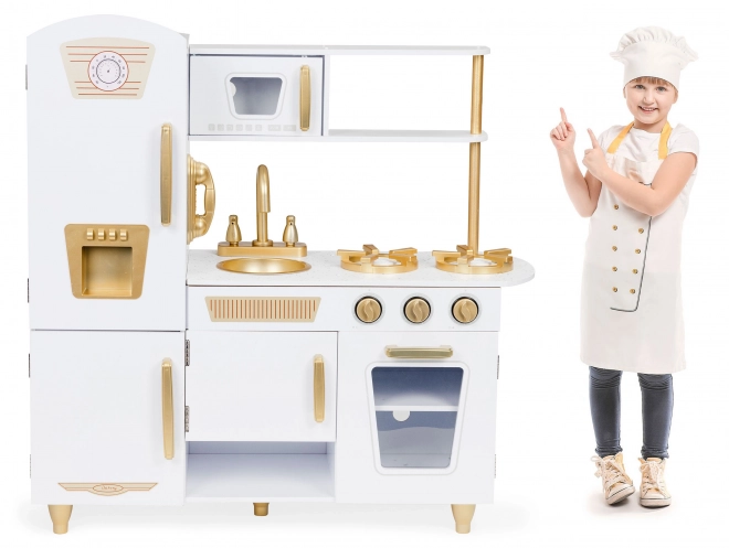 Duża drewniana kuchnia dla dzieci, biała i złota, ECOTOYS
