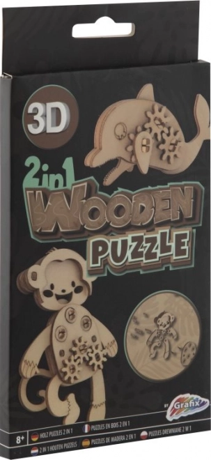 Drewniane puzzle 3D 2w1 małpa i delfin