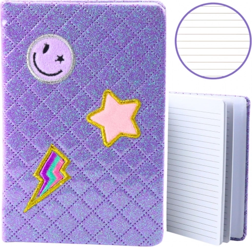 Notes brokatowy z naszywkami fioletowy B6 80 kartek